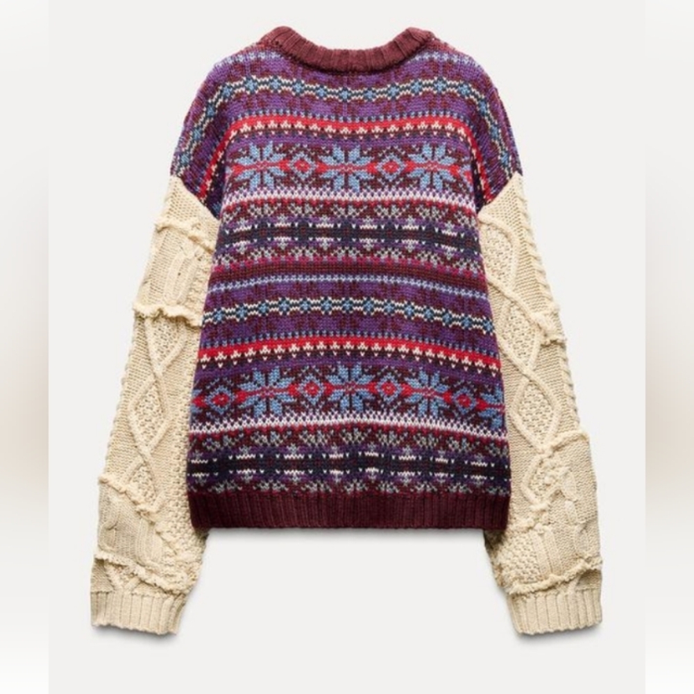 Zara Contrasting Knit Jacquard Patterned Sweater - Purple and Cream